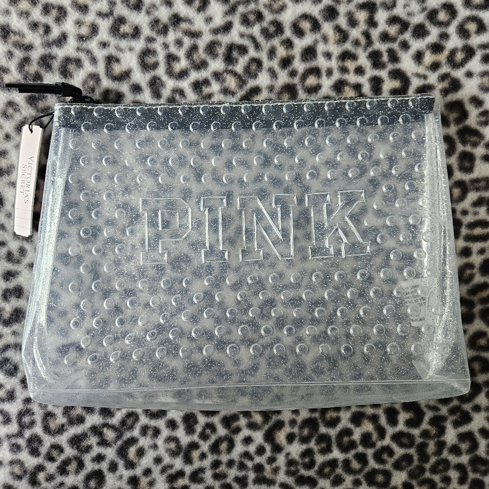 2018 VS PINK Clear and Silver Glitter Bubble Zippered Travel Stadium Makeup Bag